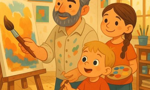 Un pintor sereno y concentrado, con barba suave y pelo canoso, camisa de mangas remangadas manchada de pintura, sostiene un gran pincel en la mano derecha y trabaja en un lienzo luminoso sobre un caballete; a su izquierda está Lucía, unos 9 años, trenza y sonrisa alentadora, sosteniendo una pequeña paleta colorida a la altura del hombro; delante, Miguel, unos 5 años, regordete y rubio, sentado en un taburete, mira asombrado mientras prueba un pincel; el taller es cálido y luminoso con grandes ventanas que producen luz dorada y paredes llenas de cuadros vivos; la escena muestra al pintor enseñando una técnica al niño y sonriendo a la niña, con composición dinámica, colores saturados y texturas de pintura visibles que transmiten una atmósfera de aprendizaje alegre y creativo.