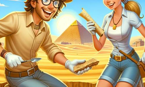A thirty-year-old male archaeologist with messy brown hair and glasses expresses wonder as he discovers an ancient burial chamber buried under the sand. He wears a short-sleeved beige shirt, a straw hat, and gloves, crouching with a trowel in one hand and a pottery fragment in the other. Next to him, a twenty-year-old female archaeologist with a ponytail and an enthusiastic smile carefully examines a scroll of papyrus she found. She wears a blue tank top and denim shorts, standing slightly leaning towards the main character. The setting is the Giza plateau, where golden sand dunes stretch endlessly under a bright sun. In the background, the majestic silhouette of the Great Pyramid stands against a blue sky, with archaeological tools scattered around them. The scene captures the thrilling moment the archaeologist discovers the burial chamber, revealing ancient treasures and secrets buried for centuries, while a gentle breeze lifts the sand around them.