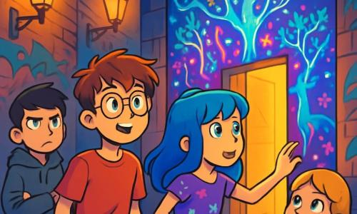 Há 4 crianças: Davi, um garoto de 12 anos com cabelo castanho bagunçado e óculos redondos, vestindo uma camiseta vermelha e jeans, está no centro, olhando com curiosidade para o mural misterioso; Luna, uma menina de 11 anos com cabelo azul e olhos brilhantes, vestida com um vestido roxo com estrelas, está um pouco à frente, pronta para tocar o mural; Pedro, um garoto de 12 anos com cabelo preto e sobrancelhas franzidas, vestido com um moletom cinza, está um pouco atrás, observando os arredores com desconfiança; Sofia, uma menina de 10 anos com cabelo loiro e um grande sorriso, vestindo uma camiseta amarela e um short de jeans, está ao lado de Davi, rindo e incentivando o grupo. O cenário é uma rua escura da cidade, com paredes cobertas de grafites coloridos e postes de luz emitindo uma luz dourada. Um mural mágico, vibrante de cores neon, retrata árvores luminosas e animais fantásticos, iluminando a escuridão ao redor. A cena principal mostra as crianças descobrindo o mural que se abre, revelando um corredor misterioso. A excitação e a curiosidade estão visíveis em seus rostos enquanto se preparam para entrar em um mundo mágico, cercados por uma atmosfera de aventura e mistério.