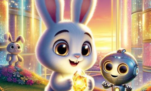 In the center of the image, a small rabbit named Benny, with fluffy white fur and big curious eyes, stands on his hind legs, his face lit up with excitement. He holds a shiny gemstone, the energy crystal, which emits a soft golden light. Next to him, a round robot named Gizmo, with a silver metal body and sparkling eyes, joyfully smiles, his arms moving as if he is clapping. His face expresses pride and enthusiasm. In the background, the futuristic city of Glimmerdale stretches out, with sparkling glass buildings reflecting rainbows under the setting sun. Trees with shiny leaves and colorful flowers line the streets, while friendly robots bustle about helping the residents. The scene captures the magical moment when Benny and Gizmo discover the energy crystal, surrounded by the glow of their city, ready to share their joy and adventure with all their friends.