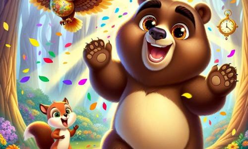Bruno, un gran oso marrón con ojos brillantes y una sonrisa radiante, está en el centro de la escena, riendo alegremente mientras sostiene un artefacto dorado en forma de pequeño reloj, del cual sale un chorro de confeti colorido. A su derecha, el Búho, un sabio búho de plumas marrones y grandes ojos redondos, observa la escena con una expresión divertida, posado en una rama de árbol, con las alas ligeramente desplegadas como si estuviera listo para volar. A la izquierda, Susi, una pequeña ardilla de pelaje rojizo y cola esponjosa, salta con entusiasmo, las patas en el aire, lista para atrapar uno de los confetis que vuelan a su alrededor. El decorado es un magnífico bosque encantado, lleno de árboles majestuosos con troncos gruesos, flores multicolores que bailan al viento y un suave rayo de sol que filtra a través del follaje, creando una atmósfera mágica y alegre. La situación principal muestra a Bruno desencadenando una explosión de confeti y risas, mientras los animales a su alrededor se divierten y bailan, creando una atmósfera festiva y llena de vida.