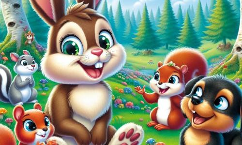 In der Mitte des Bildes sitzt Hoppel, ein kleiner brauner Hase mit großen Ohren, im grünen Gras, sein Gesicht strahlt vor Neugier und Freude. Seine glänzenden Augen spiegeln das Staunen wider, während er aufmerksam den Geschichten seiner Freunde lauscht. Rechts von ihm sitzt Mia, ein Eichhörnchen mit rotem Fell und cremefarbenem Bauch, auf einem niedrigen Ast, lächelnd und voller Enthusiasmus, während sie mit ihren kleinen Pfoten gestikuliert, um ihre Erzählung zu verdeutlichen. Links sitzt Bruno, ein kleiner Dackel mit schwarz-braunem Fell, auf seinen Hinterbeinen und lacht herzhaft, seine Augen funkeln vor Schalk. Im Hintergrund ist der Kleewiesenwald ein zauberhafter Ort mit majestätischen Bäumen, leuchtend grünen Blättern, bunten Blumen hier und da und einem hellblauen Himmel mit flauschigen Wolken. Die Szene zeigt einen fröhlichen Moment, in dem die Tiere zusammenkommen, um ihre Geschichten zu teilen, und eine Atmosphäre von Kameradschaft und Vielfalt schaffen, wobei jeder seine eigene Farbe zu diesem lebendigen Bild beiträgt.