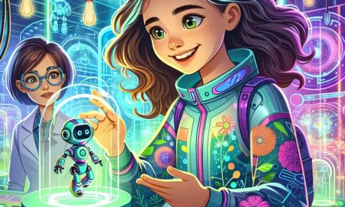 Een 12-jarig meisje, Lila, met lange krullende haren en nieuwsgierige ogen, staat in het midden van een futuristisch laboratorium met een grote glimlach op haar gezicht. Ze draagt een lichte, kleurrijke overall met plantmotieven en houdt een klein robotje in haar handen, gefascineerd door de werking ervan. Naast haar staat haar moeder, een vrouw van ongeveer 35 jaar met kort haar en een vastberaden blik, die een holografisch scherm observeert met wetenschappelijke gegevens. Ze draagt een laboratoriumjas en futuristische brillen, wat haar expertise in engineering toont. Het laboratorium is gevuld met glanzende machines, gekleurde glazen buizen en knipperende panelen, wat een dynamische en inspirerende sfeer creëert. Groene planten klimmen langs de muren en voegen een vleugje natuur toe aan deze technologische omgeving. Lila en haar moeder verkennen samen de nieuwste innovaties, terwijl Lila verwonderd kijkt naar een nieuwe robot die zich behendig beweegt, wat de veelbelovende toekomst van hun stad symboliseert.