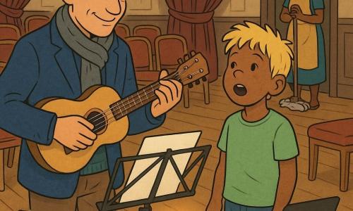 Een man, Milan, glimlachend en sereen, kort bruin-grijs haar, diepblauwe wollen jas en zachte sjaal, houdt een lichte houten gitaar en kijkt naar een muziekstandaard terwijl hij zacht zingt; naast hem rechts staat een jongen, Sem, ongeveer 8 jaar, warrig blond haar, lichtgroen T-shirt en spijkerbroek, met een verwonderd gezicht en timide meezingend volgens de partituur; mevrouw Noor, ±50, grijs haar in een knot en gele schort, staat in de deuropening met een dweil, glimlachend en zorgzaam; scène in een grote oude muziekschoolzaal met glanzende houten vloer, rijen rode stoelen, zware bordeauxgordijnen, drie zwarte muziekstandaards en een klein verlicht afspeelapparaat op een standaard dat warme gloed geeft; hoofdactie: Milan begeleidt Sem op gitaar terwijl ze samen een ronde zingen rond een open partituur, Sem wint aan zelfvertrouwen en het verlichte afspeelapparaat voegt een melodie toe, warme en innige sfeer; kleurrijke weergave, scherpe lijnen, leesbare gezichtsuitdrukkingen, zachte gedempte verlichting en subtiele contrasten, Europese stripstijl, full-page illustratie.