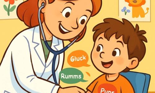 Eine lächelnde Ärztin, Dr. Lena, steht im Mittelpunkt des Bildes. Sie trägt einen makellosen weißen Kittel und ein Stethoskop um den Hals. Ihre Augen strahlen Freundlichkeit aus und sie hat ein warmes Lächeln. Sie beugt sich zu einem kleinen Jungen, Tim, der etwa 6 Jahre alt ist. Tim hat unordentliches braunes Haar und einen amüsierten Gesichtsausdruck, während er auf einem Stuhl sitzt und mit einer Hand seinen Bauch hält. Die Szene spielt in einer hellen und einladenden Arztpraxis mit pastellgelben Wänden. Bunte Zeichnungen von Tieren und Blumen schmücken die Wände, und in einer Ecke steht eine große Spielzeugkiste voller Plüschtiere. Dr. Lena hört mit ihrem Stethoskop Tims Bauch ab, und bunte Sprechblasen zeigen die lustigen Geräusche, die sein Bauch macht. Die Hauptsituation zeigt Dr. Lena, die Tim hilft, sich besser zu fühlen, in einer fröhlichen und beruhigenden Atmosphäre.