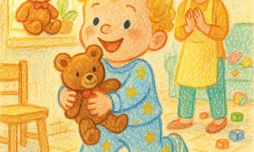 Un niño de 2 años, rostro redondo, cabello rizado dorado, ojos brillantes y expresión alegre, corre hacia su peluche abrazándola al pecho; lleva pijama azul claro con estrellas y calcetines a rayas, manos regordetas en movimiento. Una madre de unos 30 años, cabello castaño recogido y suave sonrisa, aplaude desde atrás con delantal amarillo y mirada cariñosa. La peluche Osito, un oso marrón claro con pelo suave y un lazo rojo, está en el borde de la ventana bañada por un rayo de sol. La escena transcurre en una cocina-sala de juegos luminosa con una gran ventana, planta en maceta, sofá y juguetes, luz cálida de mañana, colores pastel, trazos de lápiz y textura de papel; momento de descubrimiento feliz y tierno mientras el niño encuentra y abraza su oso y la madre lo anima.