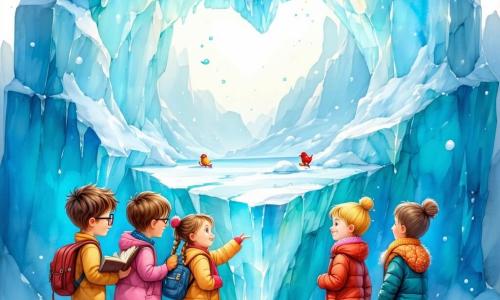 Al centro dell'immagine, cinque bambini sono riuniti attorno a un enorme iceberg a forma di cuore. Marco, un ragazzo di 10 anni con capelli castani disordinati e occhiali, tiene un vecchio libro aperto, gli occhi brillanti di eccitazione. Giulia, una ragazza di 9 anni con capelli biondi intrecciati e un sorriso radioso, indica l'iceberg, meravigliata. Luca, un ragazzo di 10 anni con capelli neri e lentiggini, salta di gioia con le braccia alzate. Sara, una ragazza di 8 anni con capelli castani ricci, prende appunti in un piccolo quaderno, concentrata e sorridente. Tommaso, un ragazzo di 7 anni con capelli corti e un cappello colorato, è sulla sua sedia a rotelle, ridendo e tenendo uno zainetto pieno di panini. Il paesaggio è una vasta distesa di neve scintillante sotto un cielo azzurro chiaro, con montagne di ghiaccio sullo sfondo. Pinguini curiosi si muovono intorno a loro, aggiungendo vita a questa scena magica. I bambini stanno scoprendo un tesoro nascosto sotto l'iceberg, una piccola cassa di legno che hanno appena dissotterrato, piena di libri illustrati colorati sull'Antartide e le sue meraviglie.