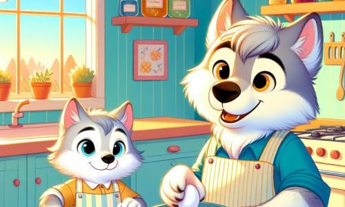 Un giovane lupo di nome Lupino, con occhi brillanti e un pelo morbido e setoso, si trova in una cucina soleggiata, con un ampio sorriso sul volto. Indossa un piccolo grembiule a righe e tiene un mestolo di legno, pronto a preparare una sorpresa per la festa del papà. Sua madre, una lupa dal pelo argentato e dagli occhi teneri, è accanto a lui, incoraggiante e sorridente, mentre gli mostra come rompere un uovo in una grande ciotola. La cucina è luminosa, con pareti dipinte di giallo pastello, mensole piene di barattoli di marmellata colorati e una finestra aperta che lascia entrare la luce del sole e il profumo del pane fresco. Lupino, pieno di eccitazione, si prepara a mescolare gli ingredienti per creare una deliziosa torta, mentre sua madre lo osserva con orgoglio, creando una scena piena di tenerezza e complicità familiare.