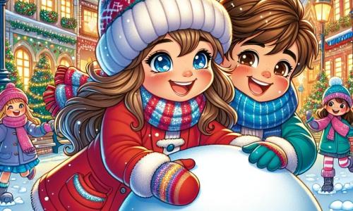 Una ragazza di 12 anni, Sofia, con lunghi capelli castani e occhi pieni di curiosità, sorride gioiosamente mentre spinge una enorme palla di neve con i suoi amici. Indossa un cappotto rosso vivo e un berretto di lana, le sue guance sono arrossate dal freddo. Accanto a lei, Marco, il suo migliore amico di 12 anni, con capelli castani e un sorriso contagioso, la incoraggia ridendo, indossando una sciarpa blu e guanti colorati. Sullo sfondo, il Villaggio del Capodanno è illuminato da luci scintillanti, con case colorate e un grande albero decorato al centro della piazza. La scena trasmette un'atmosfera festosa e calorosa, dove i bambini si divertono a celebrare il nuovo anno facendo rotolare la palla di neve, pieni di speranza e gioia.