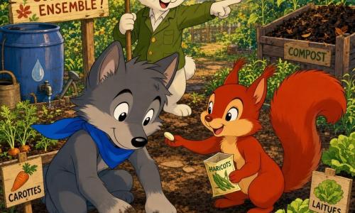 Little Wolf (main character) — a young anthropomorphic wolf with soft grey fur, a flowing blue scarf, round curious eyes and a shy smile; crouched with dirt-covered paws planting a bean seed in a small hole, focused and happy. Suki the squirrel — small red squirrel with a fluffy upright tail and sparkling eyes, holding an open seed pouch and offering a seed to Little Wolf, cheerful and proud to his right. Mr. Rabbit — white anthropomorphic rabbit with long ears and a green jacket, holding a wooden trowel and pointing to a sunny spot to plant, standing behind the garden, kind and encouraging. The garden — a bright community park with brown dirt paths, rows of green vegetables (carrots, lettuces), painted signs, a blue rain barrel, a dark compost pile with leaves, wildflowers and tall sunflowers in the background. Main scene — planting seeds together: careful movements, turned fresh soil, small animal hands working together in warm golden afternoon light, saturated colors and clean outlines evoking a 1990s cartoon.
