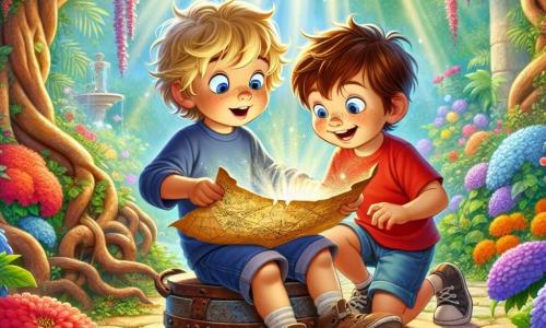In het midden van de afbeelding zit een 4-jarig jongetje, Max, met rommelig blond haar en grote, sprankelende blauwe ogen van opwinding, voor een oude, roestige gietijzeren pan en ontdekt een oude kaart. Zijn gezicht straalt nieuwsgierigheid en verwondering uit. Naast hem kijkt zijn vriend Tom, ook 4 jaar oud, met bruin haar en sproeten, bewonderend naar de kaart die Max vasthoudt. Tom glimlacht, zijn ogen stralen enthousiasme uit, en hij draagt een rode t-shirt en een blauwe short. De scène speelt zich af in een prachtige geheime tuin, vol kleurrijke bloemen met heldere bloemblaadjes, grote bomen met knoestige stammen, en een kleine fontein in de verte. Zonnestralen filteren door de bladeren en creëren een magische sfeer. De hoofdactie toont Max en Tom die samen de wonderen van de geheime tuin ontdekken, klaar voor een groot avontuur.
