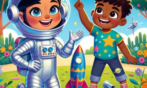 Mia, a smiling astronaut, is at the center of the image, wearing a shiny blue spacesuit and a silver helmet. Her eyes sparkle with excitement as she gestures, inviting children to board her spaceship. Next to her, Leo, a 7-year-old boy with messy brown hair and a colorful t-shirt, jumps for joy. His face is lit up with a big smile, and he holds a cardboard rocket model, ready for launch. The scene takes place in a sunny park, with lush green trees in the background and a blue sky dotted with a few white clouds. Colorful flowers surround the characters, adding a touch of magic to the setting. Mia and Leo are building a cardboard rocket together, filled with drawings of stars and planets. They laugh and have fun, imagining their journey to Mars, ready to explore the universe and meet friendly aliens.