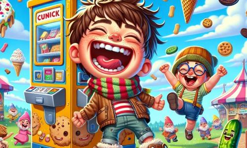 An 8-year-old boy, Monty, with messy hair and a big mischievous smile, wears muddy adventure boots and a striped scarf that flutters in the wind. He is laughing with open arms in front of a snack machine that spits out cookies and pies, with ice cream falling on his head. Next to him, his friend Frankie, also 8, with round glasses and messy brown hair, holds a pickle in one hand and enthusiastically claps, his eyes shining with joy. In the background, Tumblepot Park is filled with joyful gnomes, colorful dancing mushrooms, and a blue sky dotted with candy-shaped clouds. The scene shows Monty and Frankie celebrating victory, surrounded by laughter and sweet treats, in a festive and humorous atmosphere.