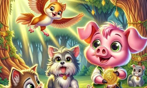 Um jovem porquinho rosa, chamado Tobias, com grandes orelhas e olhos brilhantes de curiosidade, está no centro da cena, segurando um medalhão brilhante com suas pequenas patas, com um grande sorriso maravilhado no rosto. À sua direita, uma alegre cadela de pelos dourados, Lila, com a língua de fora e olhos brilhantes de excitação, pula de alegria, com as orelhas flutuando no ar. À esquerda, um gato cinza, Max, com um ar inteligente e bigodes tremulando, observa atentamente o medalhão, com os olhos semicerrados de concentração. Um pouco mais distante, uma sábia coruja, Sara, com penas marrons e grandes olhos redondos, está empoleirada em um galho, olhando a cena com um ar pensativo. A cena acontece em uma floresta encantada, onde árvores majestosas com troncos grossos e folhas verdes vibrantes formam um teto natural, deixando passar raios de sol dourados que iluminam o solo coberto de flores coloridas e folhas caídas. Ao fundo, uma montanha brilhante se ergue, adicionando um toque de magia ao ambiente. Os pequenos aventureiros descobrem juntos o medalhão misterioso, prontos para partir em busca de sua história, cercados por uma atmosfera de excitação e camaradagem.