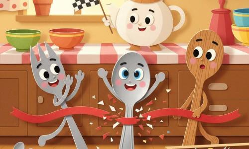 The main character is a shiny metal anthropomorphic teaspoon with a rounded body, narrow handle, smiling face, big round eyes and rosy cheeks, arms raised as it breaks a red finish-line ribbon; a secondary character is a matte-steel fork (Forky) with enthusiastic eyes and slightly splayed prongs clapping and jumping to the left, and another secondary is a wooden serving spoon (Woody) with visible wood grain, a surprised but conciliatory expression, slightly behind to the right; a wise teapot judge, round white porcelain with a small hat and benevolent smile, stands on the counter behind the line holding a tiny flag; the warm kitchen setting has a red-and-white check tablecloth, colorful bowls, an open drawer of paper-cut utensils, and golden morning light through a polka-dot curtain; the scene shows the teaspoon finishing a mini stirring race as the ribbon snaps, paper confetti falls, other utensils cheer, with dynamic composition, vivid colors, visible paper-cut textures, and a festive playful atmosphere