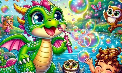 A little dragon named Spark, with shimmering green scales and sparkling joyful eyes, blows pink bubbles that float in the air, filling the scene with a sweet strawberry scent. Next to him, a young boy with curly hair and a big smile, named Finn, bursts into laughter as he tries to pop a giant bubble rising towards the sky. In the background, a group of fairies with bright, colorful wings flutters joyfully, adding sparkling glitter to the festive atmosphere. A wise owl perched on a tree branch watches the scene with an amused look, its soft brown feathers contrasting with the vibrant green leaves. The setting is a beautiful lake surrounded by thick-trunked trees with lush leaves, where multicolored flowers line the shore. Sunlight reflects off the water, creating golden sparkles dancing on the surface. The main scene shows Spark and Finn celebrating Father's Day with their friends, surrounded by laughter and magic as they enjoy playing "Bubble Tag" under a blue sky dotted with fluffy white clouds.