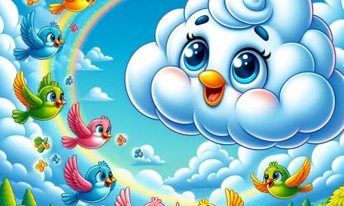 Nimbus, a small fluffy white cloud, joyfully floats in a bright blue sky, its soft rounded edges giving it a curious and amazed look. It watches with sparkling eyes a group of colorful birds flying in circles around it, their shiny feathers glistening in the sun. The birds, brightly colored sparrows, appear cheerful and playful, their wings flapping enthusiastically as they dance in the air. They gather near Nimbus, with one, a bright yellow sparrow, approaching him with a friendly smile. The sky is dotted with a few cottony clouds, and below, a lush landscape stretches with rolling hills and majestic trees, their leaves dancing in the wind. In this scene, Nimbus asks the birds about their circular flight, its expression full of curiosity, while the birds respond with joyful songs, creating an atmosphere of discovery and friendship.