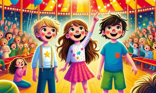 Three friends are gathered in a colorful circus: Mia, an 8-year-old girl with long brown hair in a pink dress, smiles while pointing at the big tent. Next to her is Leo, a 7-year-old boy with messy blonde hair in a blue t-shirt, raising his arms in joy. Finally, Sam, a 6-year-old boy with black hair in green shorts, laughs while holding a star-shaped balloon. Their environment features a huge circus tent decorated with red and yellow stripes, twinkling lights, and colorful posters of clowns and animals. Amazed spectators sit on wooden benches, waiting for the show. The main scene shows the three friends looking up, excited and determined, as they search for the magician Mr. Sparkle's magic hat hanging from a tall pole above them, ready to solve the circus mystery.