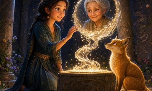 A young woman (Shirin, ~20) kneels before a pedestal, eyes wide and smiling as her fingers touch luminous water spiraling above a bowl; a golden fox with curious eyes sits beside her, tail curled, watching; a grandmother (~70) appears as a benevolent reflection in the water, proud and weathered; an ancient stone temple with tall cracked columns and a moonlit oculus, walls engraved with stars and rivers and small colorful flowers in the cracks; the scene captures gentle magic with golden swirling water, floating light particles, a calm warm atmosphere, and a childlike 3D style in a palette of gold, midnight blue, and soft greens.