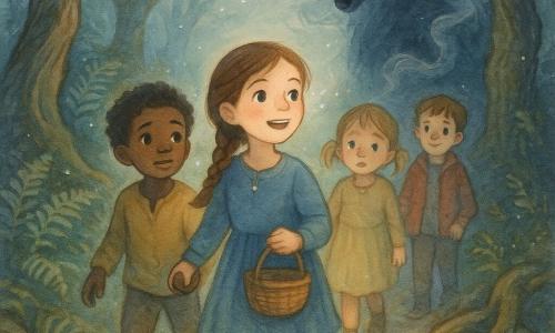 Main girl: a determined, reassuring 10-year-old with chestnut braided hair and bright hopeful eyes, carrying a small wicker basket and singing as she walks the path; secondary boy: about 9, curly hair, relieved expression, holding her hand and looking ahead; secondary girl: about 8, blonde pigtails, slightly frightened but brave, walking just behind; another boy: about 10 in a red jacket, shyly smiling, bringing up the rear. The Big Bad Wolf: a half-transparent silhouette with bluish-black fur and silver eyes that fade into mist, standing behind a twisted tree and not crossing the soft glowing circle around the children. Setting: a winding forest path with gnarled roots, ferns, twisted trunks, moonlight filtering through branches and small phosphorescent flowers on the ground. Situation: the four children walk linked by song inside a protective, soft light circle while the wolf fades to smoke at its edge.