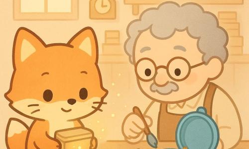 A small anthropomorphic fox with bright orange fur, round shiny eyes and fine whiskers, a curious gentle expression, sitting on a stool holding a small tin box emitting a warm glow; an old human watchmaker with curly gray hair, round glasses, a kind smile and a leather apron leans over a blue watch on the table, polishing it with a small brush; the open blue watch reveals a miniature park with a delicate slightly crumpled paper boat inside; the cozy wooden workshop has shelves of round and square clocks with golden hands, stacks of small boxes, shiny metal tools and a square window letting in soft yellow light; the fox and watchmaker examine the watch together as the tin box softly gleams, small luminous particles float around, warm atmosphere in a pastel palette (orange, sky blue, honey, light wood).