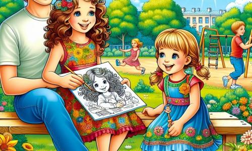 In einem sonnigen Park sitzt ein 10-jähriges Mädchen, Lena, mit braunen lockigen Haaren in einem bunten Kleid und hält eine Zeichnung in den Händen. Neben ihr lächelt ihre 6-jährige Schwester Mia mit blonden Zöpfen und spielt mit einer Puppe. Etwas weiter weg beobachtet ihr Papa, ein Mann in den Dreißigern mit leichtem Bart, sie lächelnd, gekleidet in ein T-Shirt und Jeans. Der Park ist voller strahlender Blumen, grüner Bäume und eines blauen Himmels mit weißen Wolken. Im Hintergrund gibt es einen Spielplatz, auf dem Kinder lachen und auf Schaukeln spielen. Lena und Mia sitzen auf einer Bank und genießen einen fröhlichen Moment, während ihr Papa hinzukommt, um Lenas Zeichnung zu bewundern, die ihr neues Leben nach der Trennung symbolisiert.