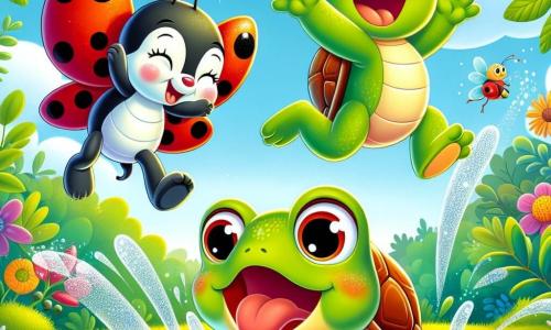 Una mariquita alegre llamada Lila, con alas rojas brillantes decoradas con manchas negras, vuela con una gran sonrisa en su rostro, moviendo sus patitas con entusiasmo. Junto a ella, un sapo verde brillante llamado Simón, con grandes ojos redondos y una amplia sonrisa, salta alegremente en un charco, salpicando gotas brillantes a su alrededor. Al fondo, una tortuga dulce y sonriente, Tina, con un caparazón verde y ojos traviesos, avanza lentamente sobre una hoja, aplaudiendo a sus dos amigos. El escenario es una jungla exuberante, llena de follaje verde vibrante, flores coloridas y un cielo azul claro, creando un ambiente alegre y juguetón. La escena representa una divertida carrera entre los tres amigos, donde Lila y Simón se divierten saltando y volando, mientras Tina los anima con una gran sonrisa, todo en una atmósfera de camaradería y felicidad.