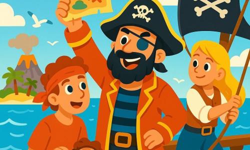Un uomo, il capitano Marco, si erge orgogliosamente sul ponte della sua nave pirata, con una barba nera e un occhio di vetro che brilla di eccitazione. Il suo viso è segnato dalla determinazione e da un ampio sorriso, mentre brandisce una mappa del tesoro antica, i suoi occhi scintillano di avventura. Accanto a lui, un giovane di 20 anni, membro del suo equipaggio, con capelli ricci e un bandana rossa, osserva la mappa con meraviglia, pronto a seguire gli ordini del capitano. Un'altra membro dell'equipaggio, una donna di 25 anni, con lunghi capelli biondi, sistema una vela, mostrando un'espressione concentrata e piena di coraggio. La nave naviga su un mare blu splendente, con onde scintillanti sotto il sole dorato, circondata da uccelli marini che volano gioiosamente nel cielo. Sullo sfondo, un'isola misteriosa si profila all'orizzonte, con palme verdi e un vulcano fumante, promettendo avventure emozionanti. La scena principale mostra Marco e il suo equipaggio, pronti a partire alla ricerca di un tesoro leggendario, pieni di entusiasmo e spirito di squadra, sul punto di vivere una grande avventura.