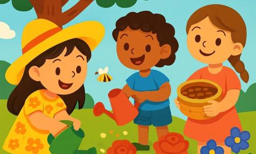 Hay 3 personajes: Lili, una niña de 7 años con largos cabellos castaños y una gran sonrisa, que lleva un sombrero amarillo y un vestido de flores, sosteniendo un pequeño regador verde mientras riega una flor amarilla; Ana, otra niña de 7 años con cabello corto y rizado, vestida con una camiseta azul y un short de mezclilla, que está al lado de Lili con un regador rojo, regando una flor roja; y Marta, también de 7 años, con cabello castaño y una trenza, que lleva un vestido rosa y sostiene una cesta llena de semillas, sonriendo y lista para plantar. La escena tiene lugar en un jardín comunitario vibrante, lleno de flores de colores y un gran árbol verde. Lili y Ana riegan las flores con entusiasmo, mientras Marta se prepara para plantar semillas, riendo y disfrutando de la belleza del jardín soleado.