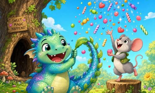 Un mic dragon rotund și drăguț (dragon-bebeluș) cu solzi irizați albastru-verzui și o coadă lungă împodobită cu frunze, cu fața zâmbitoare ținând o frunză lipită de coadă; în dreapta lui stă pe o buturugă un șoricel jucăuș gri deschis cu urechi mari roz, sărind și apucând bomboane colorate care cad în ploaie; în jur cad bomboane multicolore, unele ricșând pe iarbă; scena e într-o poiană însorită cu iarbă moale, flori galbene și violete, un stejar bătrân gol în stânga și un cer albastru cu un nor pufoș zâmbitor; situația principală: un vrăjitor comic a transformat norul într-o ploaie de bomboane, cei doi prieteni se joacă și râd sub ploaia dulce; compoziție centrată, culori vii, linii moi și contururi clare, atmosferă caldă și umoristică.