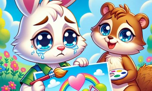 Léo, um coelhinho de pelagem branca e grandes orelhas, está no centro da imagem, com uma expressão melancólica. Ele observa um desenho colorido que fez, representando duas casas ligadas por um grande coração, simbolizando o amor de seus pais apesar da separação. À sua direita, Mimi, uma esquilinha de olhos brilhantes e pelagem marrom, sorri encorajadora, segurando uma pequena paleta de pintura. Ela é cheia de alegria e empatia, pronta para apoiar seu amigo. Ao fundo, o jardim está repleto de flores coloridas e árvores verdes, criando uma atmosfera acolhedora. O céu é azul com algumas nuvens brancas, adicionando suavidade à cena. A situação principal mostra Léo compartilhando seu desenho com amigos em um grupo de apoio, ilustrando o momento em que ele começa a aceitar suas emoções e encontrar conforto entre aqueles que o cercam.