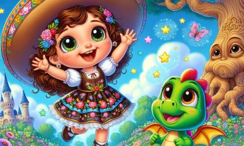 Una niña de 3 años, Lía, con grandes ojos brillantes y cabello rizado castaño, lleva un vestido colorido decorado con flores. Ella ríe a carcajadas, flotando alegremente en el aire gracias a un gran sombrero mágico, lleno de estrellas y lunas brillantes. A su lado, su amigo Tico, un pequeño dragón de peluche con escamas verdes y alas doradas, sonríe y la anima, flotando justo debajo de ella. El escenario es un jardín encantado, lleno de flores multicolores, grandes árboles con troncos retorcidos y mariposas revoloteando, bajo un cielo azul brillante. A lo lejos, se ve un árbol que habla, con una cara sonriente, que parece observar la escena con benevolencia. La situación principal muestra a Lía volando con su sombrero mágico, riendo de felicidad, mientras Tico, su fiel compañero, la anima a disfrutar de esta aventura fantástica, rodeados de la magia de la naturaleza.