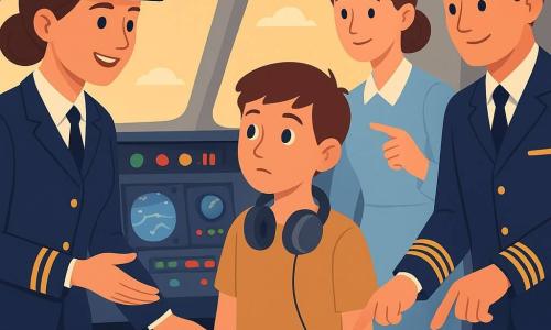 Kobieta-pilotka (~35 lat) o łagodnej, zdecydowanej twarzy, włosach spiętych w kok pod granatową czapką kapitana, uśmiecha się i wyciąga rękę, tłumacząc instrumenty kokpitu chłopcu (~12 lat) z krótkimi włosami i słuchawkami na szyi, który stoi przy drzwiach kokpitu z ciekawym, nieco nieśmiałym spojrzeniem; stewardesa (~30 lat) w jasnym mundurze stoi lekko za chłopcem, uspokajająco wskazując ekran; drugi pilot (~36 lat) w dopasowanym mundurze stoi w łagodnym półcieniu, uśmiechając się i pokazując dźwignię. Kokpit uproszczony, z dużymi kolorowymi przyciskami (czerwone, zielone, żółte), niebieskimi ekranami z uproszczonymi mapami, błyszczącymi metalowymi dźwigniami i okrągłym sterem; scena po lądowaniu, złote światło przez okna, spokojna, bezpieczna atmosfera, siedzenia i wykładzina w odcieniach niebieskiego, naklejki w kształcie chmur na małym kartonowym pudełku na desce rozdzielczej; główna sytuacja: ciepły moment, gdy pilotka wyjaśnia instrumenty, gest pedagogiczny i zachwycone spojrzenia dzieci, kompozycja skupiona na wyciągniętej ręce pilotki i oczach dzieci.
