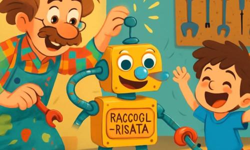 Un inventore, Marco, con capelli arruffati e un grande baffo, indossa una camicia a quadri colorata e un grembiule pieno di macchie di vernice. Sorride felice con occhi scintillanti mentre aggiusta una macchina stravagante, la Raccogli-Risata, che assomiglia a un robot divertente con un naso a forma di cucchiaio e occhi di bottone. Accanto a lui, un ragazzo di 6 anni, Luca, con capelli castani disordinati e una maglietta blu, guarda la macchina con meraviglia, le braccia alzate in segno di gioia. È seduto su un tappeto colorato, circondato da giocattoli sparsi, ridendo mentre vede la macchina ballare. Il laboratorio è un luogo magico, pieno di scatole di viti, progetti disegnati su fogli sparsi e attrezzi appesi al muro. Luci scintillanti e colori vivaci illuminano lo spazio, creando un'atmosfera gioiosa e creativa. La scena principale mostra Marco e Luca che testano la Raccogli-Risata, che balla e canta mentre raccoglie giocattoli colorati, suscitando risate e momenti di sorpresa.