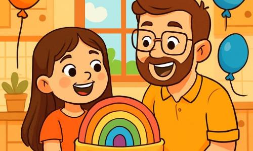 Una niña de 8 años, llamada Luna, con largos cabellos castaños y ojos brillantes de alegría, se encuentra en el centro de la escena, sonriendo y llena de emoción, sosteniendo un gran pastel colorido en forma de arcoíris. A su lado, su papá, un hombre de unos treinta años, con una barba suave y gafas, mira el pastel con asombro, su rostro radiante de felicidad. Están en una cocina acogedora, decorada con guirnaldas de flores coloridas y globos flotantes, con una gran ventana que deja entrar la luz del sol. La situación principal muestra a Luna y su papá celebrando el Día del Padre, rodeados de un ambiente festivo, con risas y estallidos de alegría, mientras se preparan para degustar el pastel mágico.