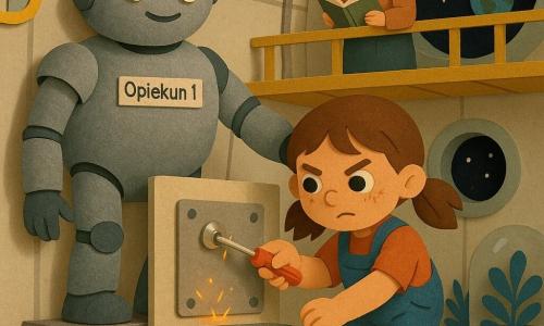 Sześcioletnia dziewczynka w brązowych kitkach, okrągła twarz z piegami, skoncentrowana i odważna, w niebieskiej ogrodniczce i dużych żółtych butach, trzyma mały czerwony śrubokręt i dokręca błyszczącą śrubę na prostokątnym panelu; obok po lewej przyjazny krępy robot o matowej srebrnej obudowie, z okrągłymi świecącymi oczami i naklejką "Opiekun 1", wyciąga ramię jakby pomagał, stoi na stopniu; w tle starsza kobieta (~60 lat) z siwymi włosami upiętymi w kok, w okrągłych okularach i z łagodnym uśmiechem, obserwuje z złotej kładki trzymając otwarty notes; wnętrze obserwatorium księżycowego: duże łukowate jasnometaliczne ściany, okrągłe bulaje z czarnym gwiaździstym niebem i małą niebieską Ziemią na horyzoncie, rury, żółte świetlówki i niebieskie rośliny pod przezroczystymi kopułami; scena spokojnej, heroicznej naprawy baterii — migające pomarańczowe i zielone lampki, drobne iskry, ciepła naukowa atmosfera, prosta kompozycja, wyraźne kontrasty, tekstury jak z wyciętego papieru, nasycone kolory i czytelne geometryczne formy dla dzieci.
