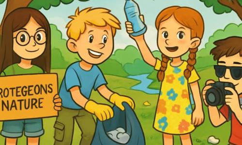 Er zijn 4 kinderen: Emma, een 12-jarig meisje met lange bruine haren en ronde bril, draagt een groene t-shirt en een spijkerbroek, en houdt een houten bord met de tekst "Laten we de natuur beschermen". Noah, een 12-jarige jongen met messy blonde haren en een stralende glimlach, draagt een blauwe t-shirt en cargo-broek, en verzamelt afval met handschoenen. Lotte, een 12-jarig meisje met rode haren en vlechten, draagt een bloemenjurk en sneakers, en toont vastberaden een plastic fles die ze heeft gevonden. Sam, een 12-jarige jongen met bruine haren en een zonnebril, is gekleed in een rode t-shirt en korte broek, en maakt foto's van het afval om anderen bewust te maken. De kinderen zijn in een groene park, omringd door majestueuze bomen met heldergroene bladeren, kleurrijke bloemen en zingende vogels. Op de achtergrond glinstert een beekje in de zon. De kinderen zijn bezig met het schoonmaken van het park, glimlachend en gemotiveerd, terwijl ze het belang van natuurbescherming bespreken. Ze zijn omringd door afval dat ze enthousiast oprapen en maken hun omgeving schoon en uitnodigend.
