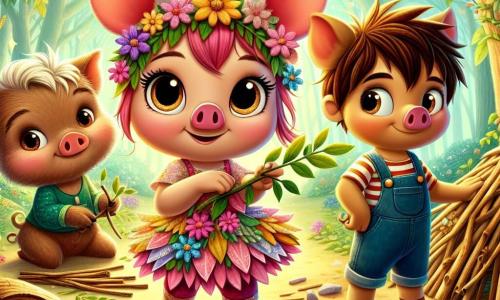 No centro da imagem, Lila, a porquinha de grandes orelhas rosas, está cheia de entusiasmo e determinação. Ela usa um vestido colorido feito de flores, com pétalas brilhantes que parecem dançar ao seu redor. Ela está colando flores em sua casa, um abrigo feito de hastes e folhas, que emana uma aura mágica. À sua direita, Rocco, o porco de pelagem marrom e olhos brilhantes, está serrando um galho para sua casa de madeira. Ele tem um sorriso confiante e veste um macacão de denim. À esquerda, Tico, o mais jovem dos três, está recolhendo pedras para sua casa de pedra. Ele parece um pouco tímido, com suas bochechas rosadas e um olhar concentrado, vestindo uma camiseta listrada. A cena acontece em uma floresta encantada, com árvores majestosas de folhas verdes vibrantes e flores coloridas espalhadas pelo chão. Raios de sol filtram-se através dos galhos, iluminando toda a cena com uma luz dourada. A situação principal mostra Lila, Rocco e Tico trabalhando juntos, cada um em seu próprio espaço, mas unidos pelo sonho comum de construir casas. A atmosfera é alegre e dinâmica, ilustrando o espírito de colaboração e amizade entre os três porquinhos.