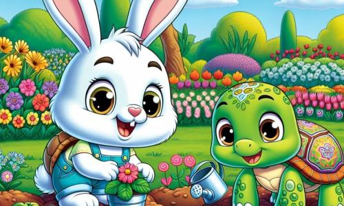 Un pequeño conejo blanco llamado Rocco, con grandes orejas y ojos brillantes de curiosidad, está en el centro del jardín, sonriendo alegremente. Está plantando semillas de colores en la tierra fértil, rodeado de flores vibrantes y verduras verdes. A su derecha, una tortuga verde llamada Sofía, con un caparazón decorado, observa a Rocco con una expresión alentadora, sus ojos brillando de orgullo. Ella sostiene un pequeño regador y está a punto de regar las plantas. El jardín es un lugar encantador, lleno de flores multicolores, verduras bien ordenadas y majestuosos árboles, bajo un cielo azul claro salpicado de nubes blancas y esponjosas. En esta escena, Rocco y Sofía trabajan juntos con entusiasmo para hacer florecer el jardín, mostrando la importancia de cuidar la naturaleza y la ecología.
