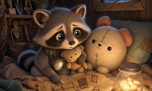 Kleiner Chibi-Waschbär (Hauptfigur), weiches grau-weißes Fell, große glänzende leicht besorgte aber entschlossene Augen, runde Ohren, trägt eine alte kaputte Taschenlampe um den Hals; sitzt auf einer Wolldecke, hält ein Schmusetier und blickt mit ängstlich-beruhigtem Ausdruck in den Raum. Pompom, rundes Chibi-Kuscheltier (Nebenfigur), abgenutzter cremefarbener Stoff mit rosa Ohren und sichtbarer grüner Naht, liegt schützend am Kissen. Ein Glasgefäß mit warmen Steinen dient als diffuse bernsteinfarbene Lichtquelle, neben einer zerknitterten Pappkarte mit einfachen Zeichnungen (Bett, Regal, Eimer, Fenster). Innenraum: altes Holzhäuschen mit sichtbarer Maserung, Werkzeug an der Wand, metallener Eimer, zarte Spinnweben und ein geöffnetes Lüftungsfenster mit einem Ast am Dachvorsprung. Nachtszene mit warm-kaltem Lichtkontrast, sanften Schatten, intime beruhigende Stimmung; Hauptkomposition auf Gesichter und kleine Hände, chibi-kawaii-Stil, warme Pastellfarben und sichtbare Holz- und Stofftexturen.