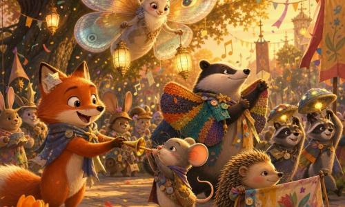 A silky red anthropomorphic fox (the main character) smiles brightly, wearing a paper star pinned to its ear and a conductor’s scarf, offering a small golden trumpet to a tiny gray mouse who bravely blows into it with puffed cheeks at the center of the scene; above them Moth Madame, a large iridescent moth with glittering translucent wings lit by lanterns, gently guides floating lanterns with a soft expression; Buttercup Badger, a stocky spotted badger with colorful knitted wings, adjusts them near two mischievous raccoons holding teacup saucer “hats” that tinkle as they move; a shy hedgehog carries a paint-stained banner, walking proudly at the front. Setting: an old public garden beneath a centuries-old oak, a paved path lined with tulip beds, hanging lanterns and fabric banners, confetti and ribbons in the golden dusk. Main scene: a joyful carnival parade where costumes are patchworks of shared objects (buttons, feathers, scarves), visible floating music notes, warm light, movement, and a festive, conspiratorial atmosphere.