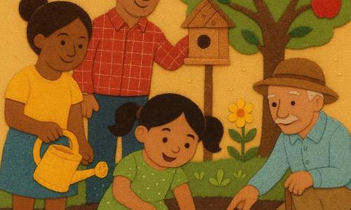 A joyful, curious 4-year-old girl with round face and black pigtails in a green polka-dot dress, dirty hands, planting peas with a small blue trowel; a smiling mother with brown tied hair and a simple skirt stands behind holding a yellow watering can; a father in a plaid shirt with sawdust on his shoulders raises a small wooden shelf for a bird feeder to the left under a branch; an elderly Mr. Lee in a round hat with a cane kneels to the right and gently points to a green sprout; a rich, colorful garden with dark textured soil, rows of small green plants, an apple tree with red apples in the background, yellow flowers and a hanging bird box on a string; a communal planting moment at luminous dusk with warm light, tiny fireflies, and visible sewn details—seams, layered fabrics, felt textures and button eyes on the birds—rendered in a soft palette of greens, yellows, reds and blues.