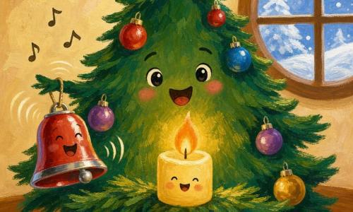 A small short round candle sits on a branch of a little fir tree, pale yellow with a soft orange flame and a smiling face painted on the wax, softly lighting its surroundings; a small shiny red metal jingle bell with silver reflections hangs to the left, looking happy and vibrating with drawn sound waves near the candle; a dark green, fluffy Christmas tree personified with gentle eyes and a smiling mouth, textured needles and colorful baubles stands center, slightly sheltering the candle and bell; the warm room has cream walls, a light brown wood floor and a round window to the right showing a snowy landscape with large soft flakes and cool blue light outside contrasting the warm interior; main scene: the candle casts a golden halo on the branch, the bell vibrates and the tree seems to sing, calm secure atmosphere, warm (yellow/orange/red) and cool (blue/white) color contrasts, visible brush-painted textures, centered simple composition suitable for toddlers.