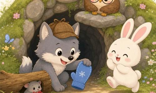 A joyful grey wolf wearing a small brown detective hat pulls a blue mitten from beneath a log at the entrance of a small cave, a bouncy white rabbit with pink ears applauds to his right, a round brown owl with cute glasses perches on a stone above the cave entrance, and a tiny grey mouse hides behind the log holding red berries; the scene is a warm, pastel-toned discovery at a grassy hill cave with mossy stone walls, simple rounded forms and soft lighting.