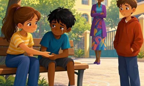 Niña de 10 años, Clara: rostro dulce con pecas, cabello castaño claro en coleta, gesto compasivo y decidido, sentada en un banco de madera tendiendo la mano a un compañero. Niño de 9 años, Marcos: pelo negro despeinado, ojos húmedos y mirada baja, encogido, sentado junto a Clara, aliviado pero tímido. Niño de 10 años, Tomás: postura erguida, pelo castaño corto, expresión sorprendida y avergonzada, de pie a unos pasos con las manos en los bolsillos observando la escena. Mujer adulta, la maestra Laura, 30–40 años: pelo recogido en moño, ropa profesional colorida, sonriente y alentadora a distancia. Lugar: patio escolar de día, suelo de grava clara, dibujos a la tiza, árboles con hojas verdes, portón y edificios escolares pintados de amarillo pálido al fondo. Situación: momento de consuelo y aceptación — Clara toma la mano de Marcos para invitarlo a jugar mientras Tomás se da cuenta de su error; ambiente emotivo pero sereno, colores cálidos y luz suave.
