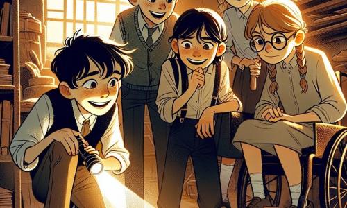 En un viejo sótano oscuro y misterioso, cuatro jóvenes detectives están en círculo. Tomás, un niño de 10 años con cabello castaño despeinado y una gran sonrisa, sostiene una linterna que ilumina su camino. A su derecha, Carla, una niña de 9 años con trenzas rubias, observa atentamente un viejo libro polvoriento que encontró en una estantería. A la izquierda, Lucas, un niño de 10 años con gafas redondas y pecas, toma notas en su cuaderno con una expresión concentrada. Finalmente, Miguel, un niño de 11 años en silla de ruedas, observa con curiosidad, sus ojos brillando de emoción. El sótano está lleno de muebles viejos cubiertos con sábanas blancas, telarañas cuelgan de las esquinas, y sombras bailan en las paredes por la luz titilante de la linterna. Al fondo, una puerta de madera desgastada parece misteriosamente entreabierta, añadiendo un toque de intriga a la atmósfera. Los jóvenes detectives acaban de descubrir un antiguo diario que habla de un tesoro escondido en su escuela, y están a punto de resolver el misterio que los rodea. La emoción es palpable mientras se preparan para desenterrar secretos olvidados y vivir una aventura inolvidable.