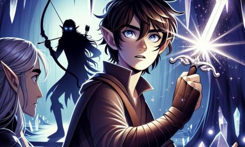 Um jovem chamado Aric, com cabelos castanho-escuros e olhos brilhantes como estrelas, está corajosamente no centro da imagem, brandindo uma espada cintilante, com a luz da magia emanando de sua lâmina. Sua expressão é determinada, mostrando que está pronto para enfrentar o perigo. Ao seu lado, um elfo chamado Elenion, com cerca de 120 anos, cabelos prateados e orelhas pontudas, observa atentamente, segurando um arco delicado pronto para atirar. O cenário é uma caverna misteriosa, iluminada por cristais que criam uma atmosfera mágica e inquietante. Aric e Elenion enfrentam uma silhueta ameaçadora, o Senhor das Sombras, que emerge das trevas. Aric, com a espada levantada, está pronto para defender a luz contra a escuridão, enquanto Elenion se prepara para ajudar seu amigo na batalha épica.