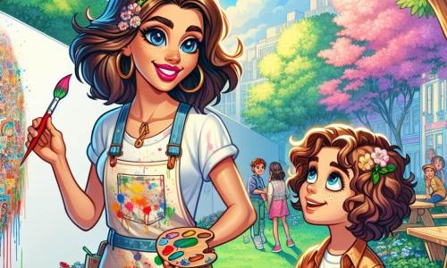 An artist, Ms. Rivera, stands in front of a large white wall, her eyes sparkling with excitement and a warm smile lighting up her face. She has brown hair tied in a bun, wears a paint-splattered apron, and holds a colorful brush in her hand. Next to her, an eleven-year-old girl with curly hair and sparkling eyes observes in wonder, holding a sketchbook in her arms. The vibrant park is filled with lush trees, colorful flowers, and children playing in the distance. The white wall, waiting to be transformed, is surrounded by picnic tables and wooden benches. In this scene, Ms. Rivera and the young girl enthusiastically discuss their ideas for the mural, while other children approach, curious to join this artistic adventure.
