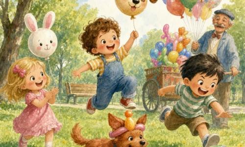 Matei, băiat de 4 ani, vesel cu părul castaniu creț, sărind pe iarbă ținând un balon în formă de câine; Maria, fetiță de 4 ani, zâmbitoare, blondă cu o agrafă roz, aplaudă și ține un balon în formă de iepure la stânga; Răzvan, băiat de 4 ani, nazdravan, cu păr scurt negru, aleargă spre o minge colorată la dreapta lui Matei; cățeluș roșcat Max cu un balon pe cap se învârte în prim-plan; vânzătorul de baloane, bărbat în vârstă, mustăcios, în jachetă albastru deschis, zâmbește lângă un cărucior plin de baloane multicolore; parc însorit cu peluză verde și flori galbene, banc de lemn, câțiva copaci și cer albastru pal cu nori; prietenii se distrează cu baloane care sar și zboară, râsete, mișcare caldă și culori vii, compoziția centrată pe Matei și Max.