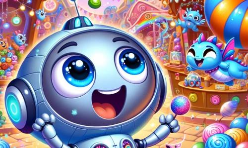 Un piccolo robot rotondo e lucente, con grandi occhi blu scintillanti, esprime una gioia travolgente ballando in mezzo a un mercato colorato, circondato da caramelle scintillanti e macchine volanti. Accanto a lui, un piccolo drago blu con squame brillanti e un sorriso contagioso vola in cerchi, ridendo di felicità mentre tiene in mano una caramella multicolore. Il mercato è animato, con banchi decorati con fiori cantanti e creature fantastiche che si divertono, creando un'atmosfera magica e festosa. La scena cattura il momento in cui il robot e il drago scoprono insieme le meraviglie di questo mondo incantevole, pieni di meraviglia ed eccitazione.
